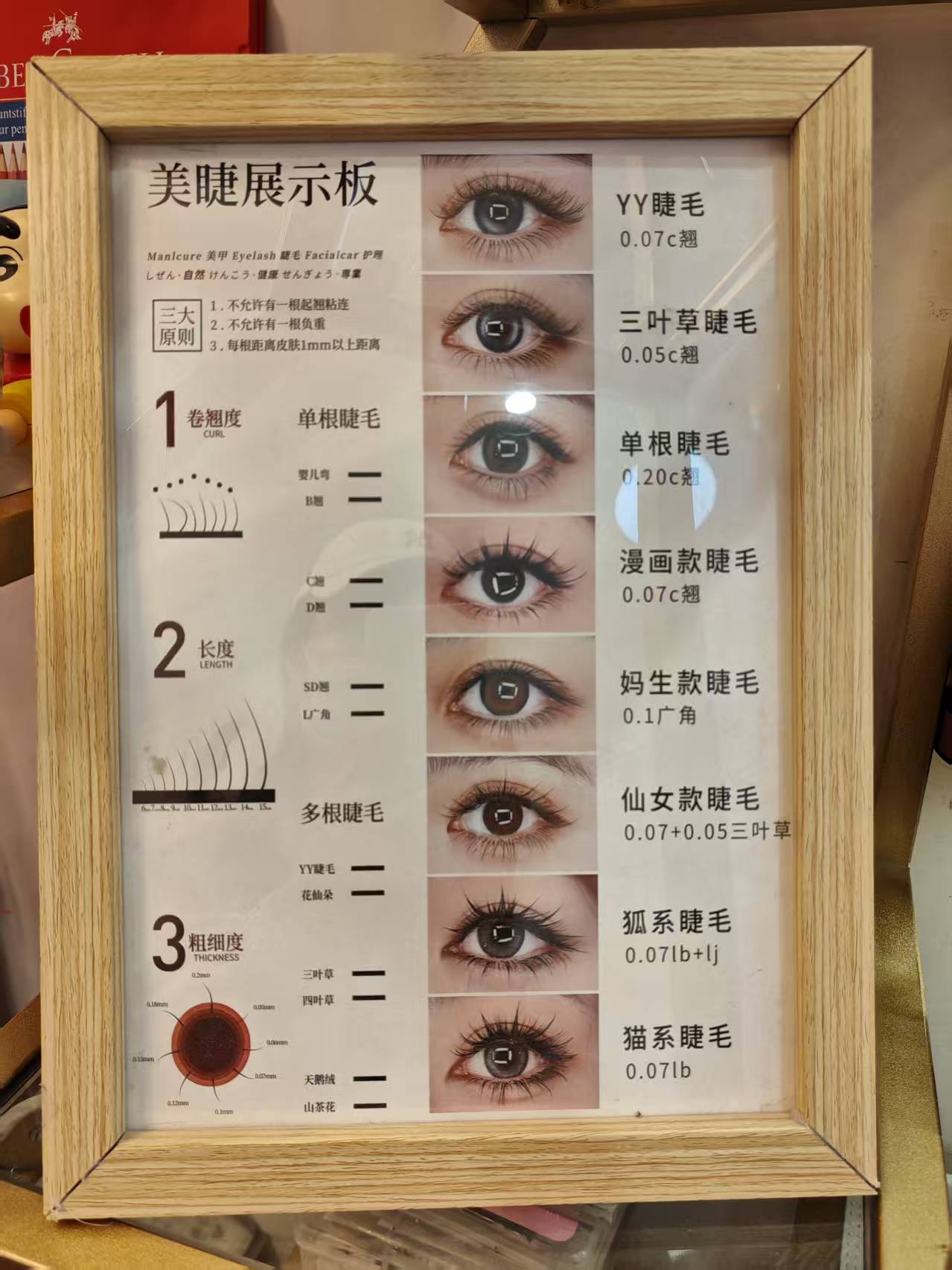 Lash service board showing single, YY, clover, and manga lash styles